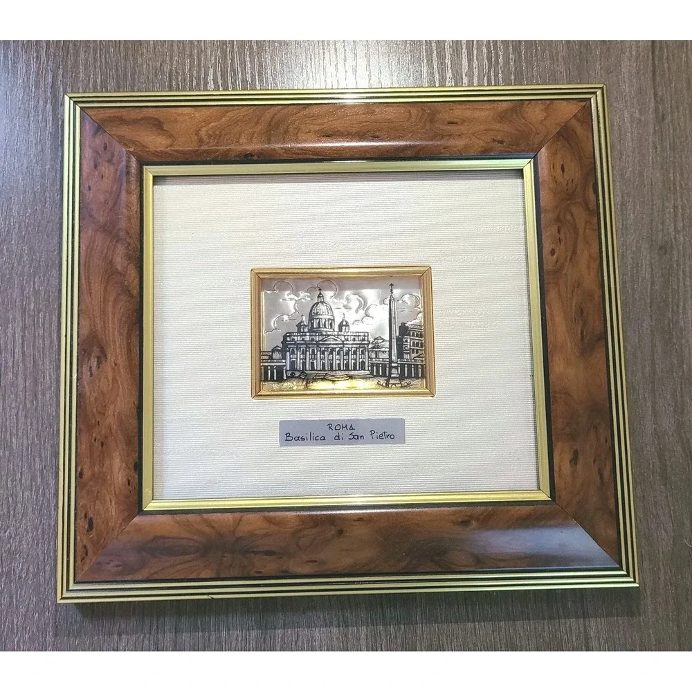 Roma Basilica di San Pietro Silver 800 Relief Art Framed Italy 9x8 Wall Decor
